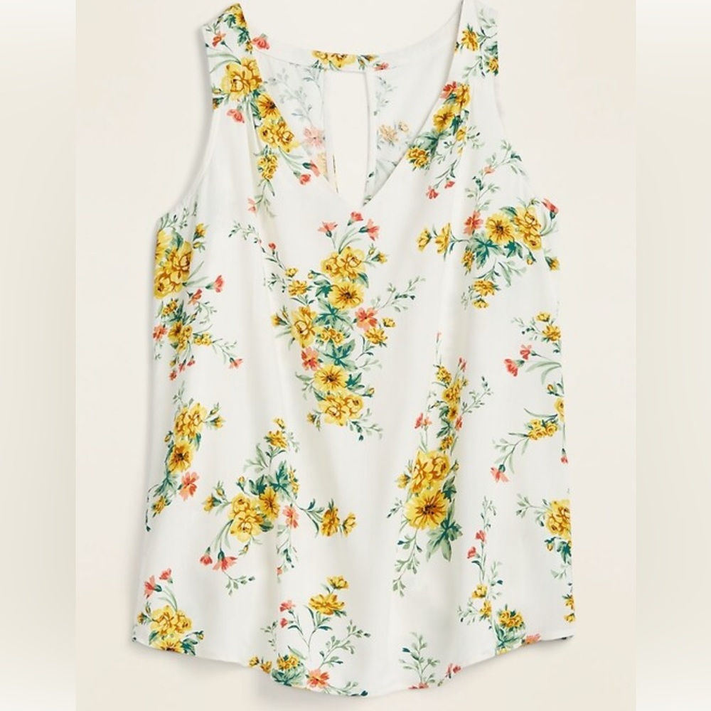 Old Navy Women's White Floral V Neck Keyhole Back Tank Shirt Blouse Sz Medium